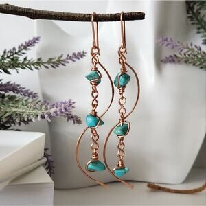 Artistic Copper Long Dangle Earrings with Turquoise Wagnerite Stone Beads